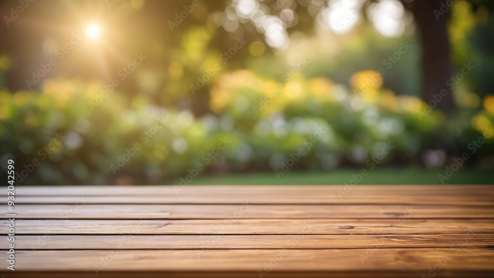 a empty wooden table with blurred garden background a empty wooden table with blurred garden background