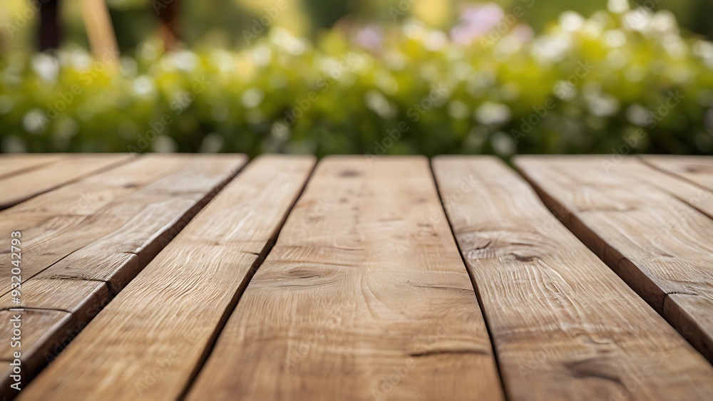 a empty wooden table with blurred garden background a empty wooden table with blurred garden background