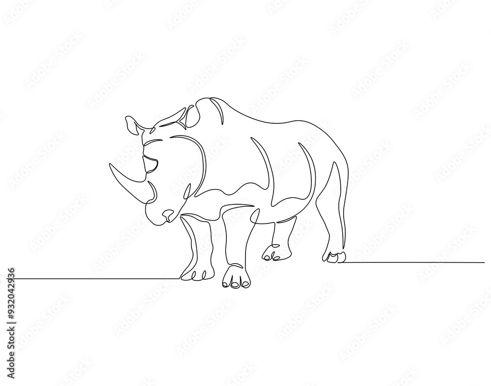 Fototapeta premium Continuous one line drawing of rhino. One line drawing illustration of horned rhinoceros. World rhino day concept line art. Editable outline