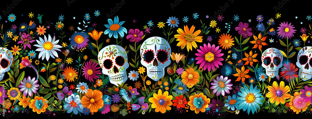 Illustration of Día de los Muertos and Mexican culture and tradition. Banner, website, party poster, or advertisement featuring a Catrina, Mexican skulls, and flowers. Illustration of Día de los Muertos and Mexican culture and tradition. Banner, website, party poster, or advertisement featuring a Catrina, Mexican skulls, and flowers.