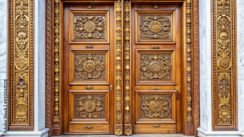 Fototapeta premium Ornate Carved Wooden Doors with Intricate Gold Details
