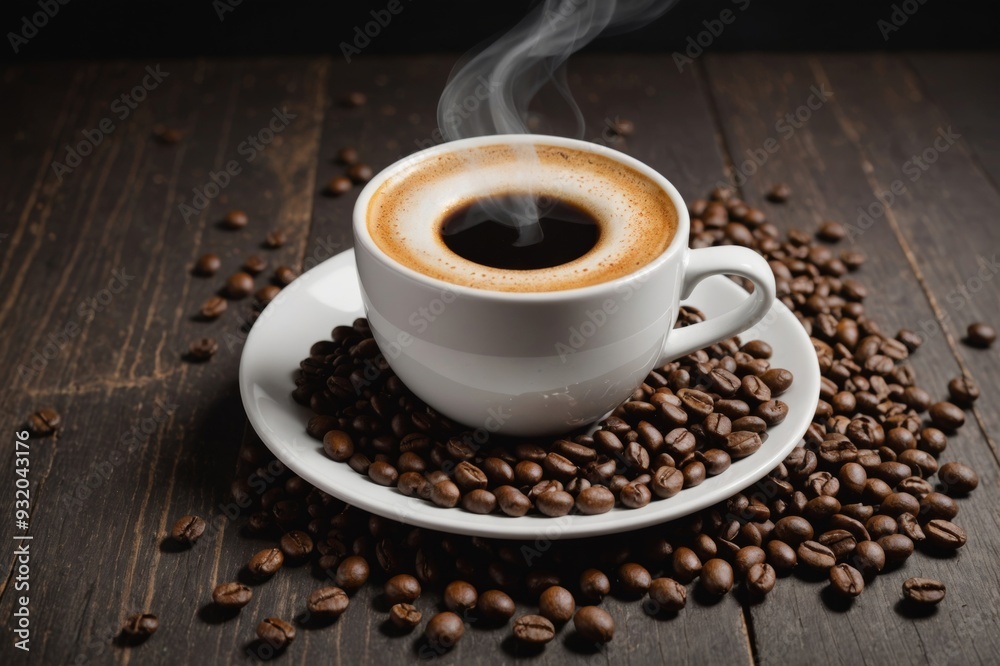 Hot coffee in a white coffee cup and many coffee beans placed around and sugar on a wooden table in a warm, light atmosphere, on dark background, with copy space Hot coffee in a white coffee cup and many coffee beans placed around and sugar on a wooden table in a warm, light atmosphere, on dark background, with copy space