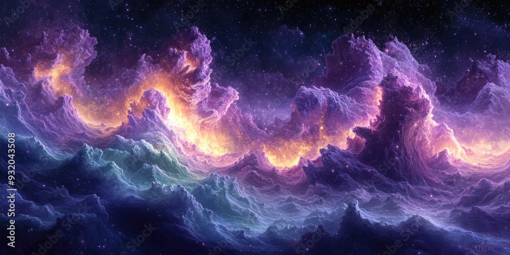 A Cosmic Landscape of Purple and Orange Clouds in a Starry Sky A Cosmic Landscape of Purple and Orange Clouds in a Starry Sky