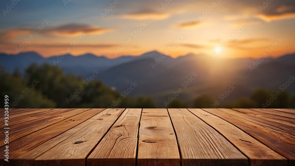 empty wooden table with blurred bokeh sunset view of mountain landscape in background empty wooden table with blurred bokeh sunset view of mountain landscape in background