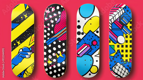 Vibrant skateboard decks featuring retro-inspired 80s pop art patterns, with bold colors and dynamic shapes against a striking red background.