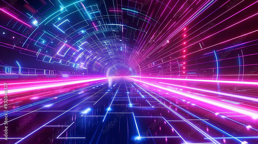 A vibrant, neon-lit grid tunnel showcasing a blend of futuristic design and 80s synthwave aesthetics, filled with glowing light trails and dynamic motion. A vibrant, neon-lit grid tunnel showcasing a blend of futuristic design and 80s synthwave aesthetics, filled with glowing light trails and dynamic motion.