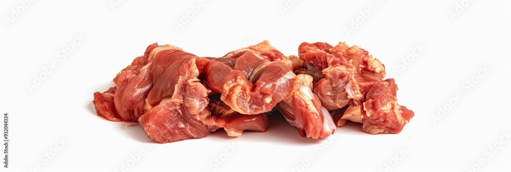 Raw piece of chicken meat isolated on a white background, showcasing the texture and detail Raw piece of chicken meat isolated on a white background, showcasing the texture and detail