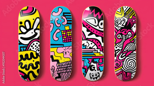 Four skateboard decks displaying eye-catching pop art designs with vibrant colors, playful shapes, and bold patterns, set against a bright pink background.