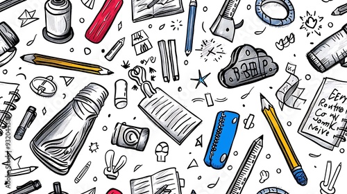 A seamless doodle pattern of school supplies, including pencil sharpeners, highlighters, rulers, and erasers, arranged in a lively and dynamic composition, bright and bold colors,