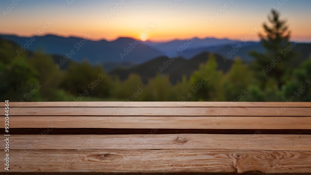 empty wooden table with blurred bokeh sunset view of mountain landscape in background
