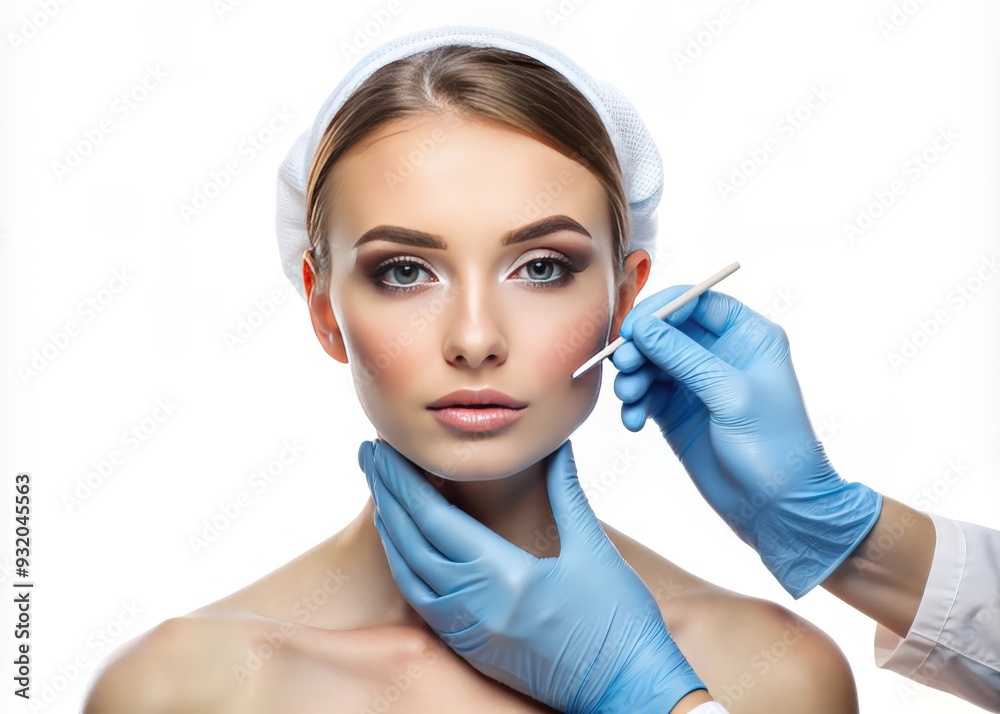 Beautiful young woman and beautician hands in gloves doing plastic surgery Beautiful young woman and beautician hands in gloves doing plastic surgery