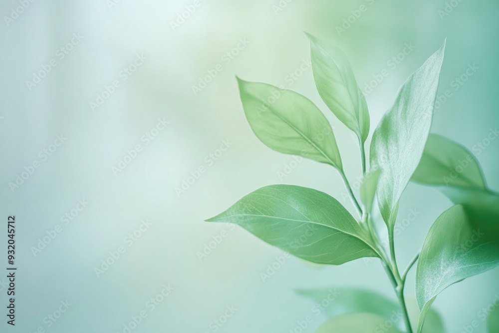 Fototapeta premium Soft Focus Green Leaf on a Blurred Mint Background