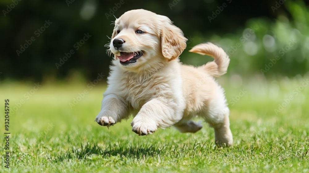 Golden Retriever Puppy Leaping Through Grass
