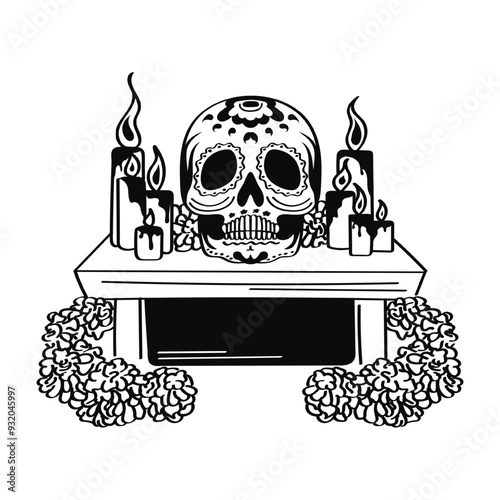 Hand drawn decorated Mexican sugar skull with marigolds and burning candles on an altar. Linear illustration of Calavera cranium symbolizing Day of the Dead ofrenda. Dia de los Muertos outline art