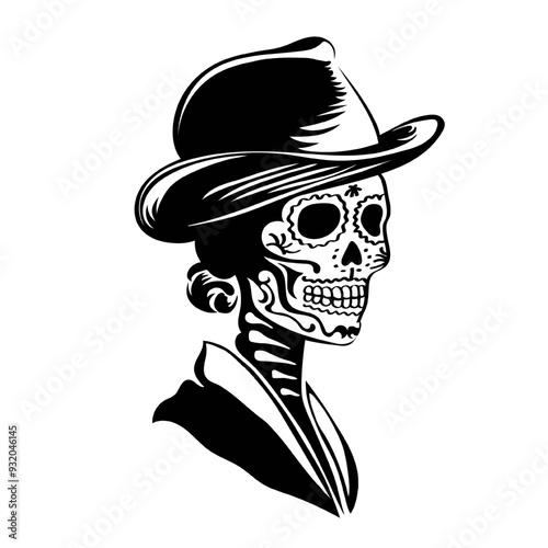 Black and white hand drawn Calavera Catrina in profile, wearing a wide-brimmed hat. Mexican female skull with marigold flower eyes, typical of Day of the Dead art. Ink line tattoo design