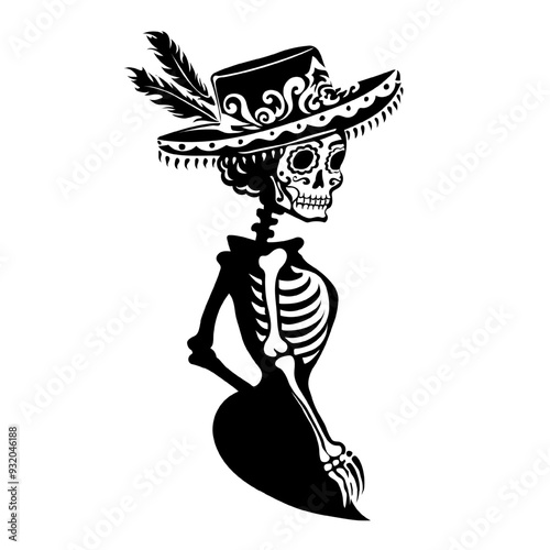 Hand drawn black female skeleton, dressed in traditional Mexican attire isolated on white background. Illustration of la Calavera Catrina in a decorated wide-brimmed hat with feathers. Tattoo design