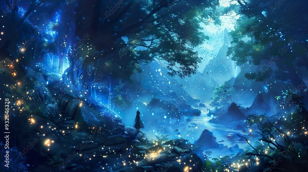 Enchanted Forest Night: Glowing River and Mystical Landscape Enchanted Forest Night: Glowing River and Mystical Landscape