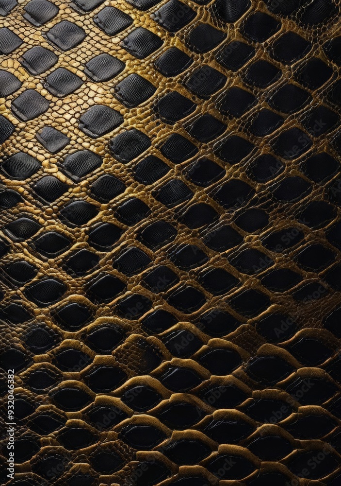 Close up of snake skin texture background. Animal skin pattern. Black and gold color.