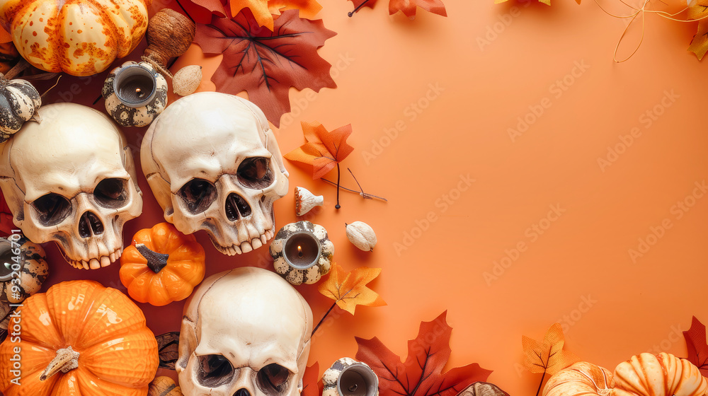 A colorful autumn arrangement of skulls, pumpkins, and leaves creates an immersive Halloween atmosphere on a warm orange background A colorful autumn arrangement of skulls, pumpkins, and leaves creates an immersive Halloween atmosphere on a warm orange background