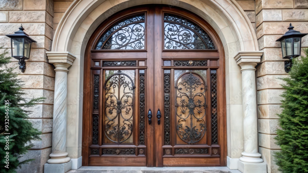 Fototapeta premium Ornate Double Doors with Ironwork and Arched Entryway