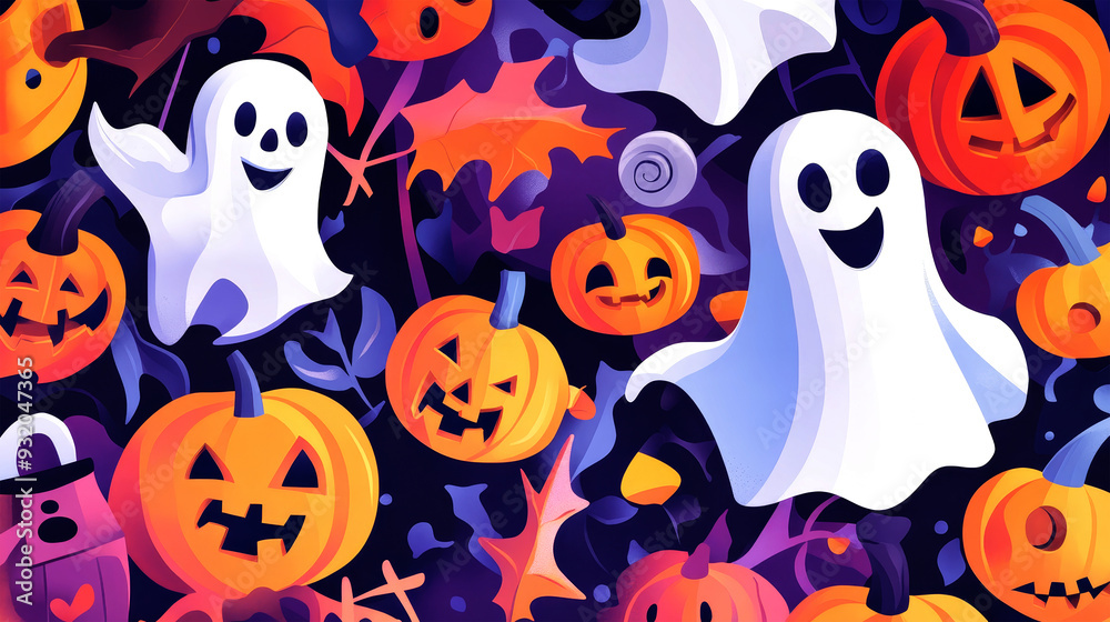 Colorful Halloween symbols come to life in a lively digital illustration, featuring playful ghosts, smiling pumpkins, and whimsical witches against a dark backdrop Colorful Halloween symbols come to life in a lively digital illustration, featuring playful ghosts, smiling pumpkins, and whimsical witches against a dark backdrop