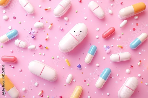 Cheerful pastel colored pills with happy faces scattered on a pink background evoking a sense of joy and light heartedness in healthcare and medication photo