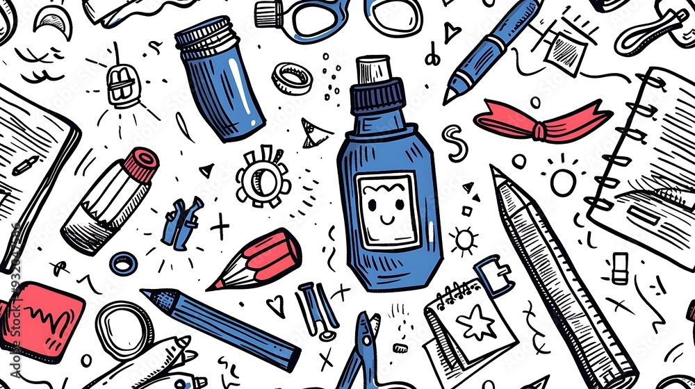 A seamless pattern featuring doodles of school supplies like spiral notebooks, pens, scissors, and glue bottles, scattered across the design, vivid colors, on a pale pink background, A seamless pattern featuring doodles of school supplies like spiral notebooks, pens, scissors, and glue bottles, scattered across the design, vivid colors, on a pale pink background,