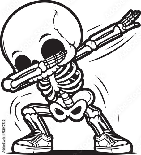 Cartoon Dabbing Skeleton outlined for coloring book isolated on a white background, Line Drawing of a Dancing Skeleton