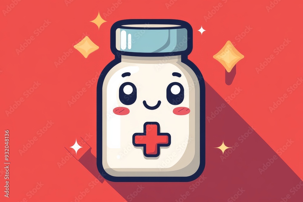 Happy cartoon medicine bottle with a cross symbol conveying the importance of health and well being in a friendly and approachable manner