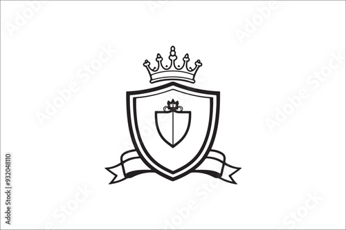 
Crown headed Shield silhouette.  Heraldic emblem crest shield with crown on white background.