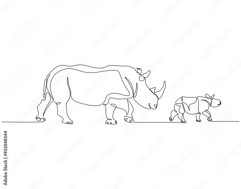 Continuous one line drawing of rhino with baby rhino. Single line drawing illustration of rhino animals. Rhino international day concept line art. Editable outline