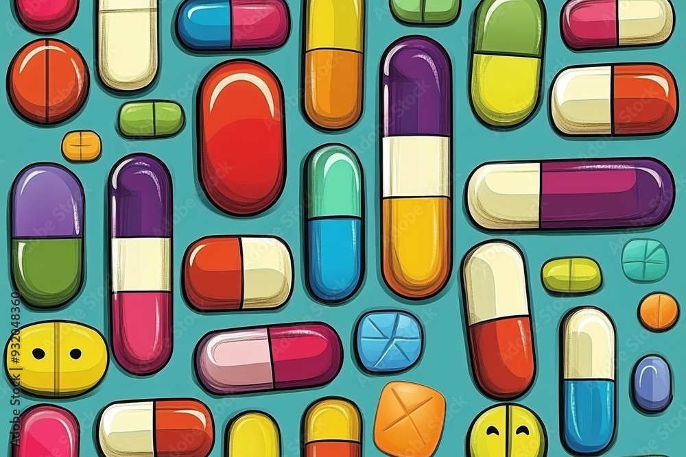 Intricate pattern of colorful pills arranged on a light blue background symbolizing the complexity and variety in pharmaceutical products and modern healthcare