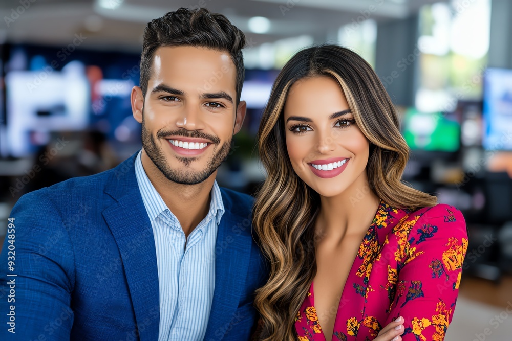 Fototapeta premium Morning news broadcast with cheerful anchors, Monday morning, staying informed