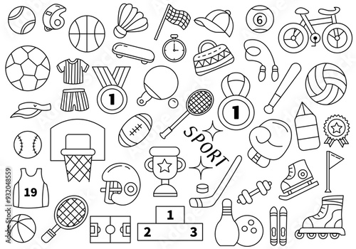 A set of black and white sports items elements vector illustration