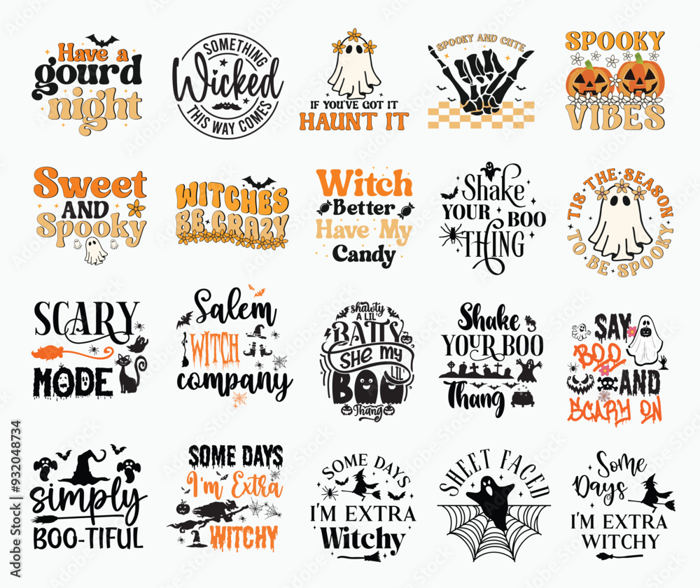 Fototapeta premium Halloween Set, Halloween T-shirt Design, Halloween SVG Design, Ghost Design, Halloween Shirt, Halloween Cat Shirt, Retro Halloween shirt Design, Spooky Season, Funny Halloween, Hippie Shirt,