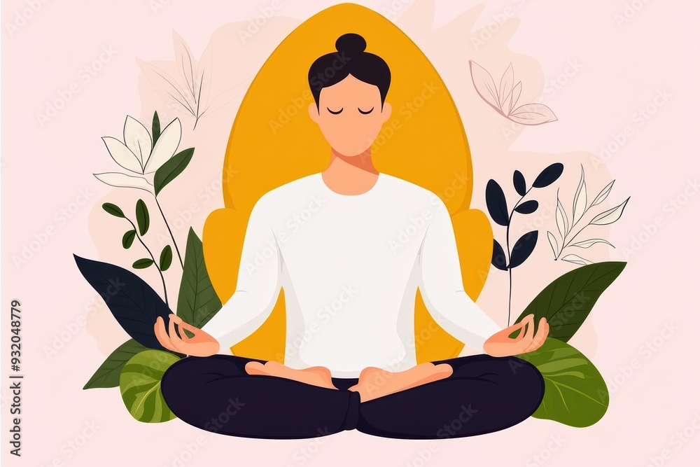 A serene illustration of a person meditating among leaves, embodying tranquility and harmony in a calming environment. A serene illustration of a person meditating among leaves, embodying tranquility and harmony in a calming environment.