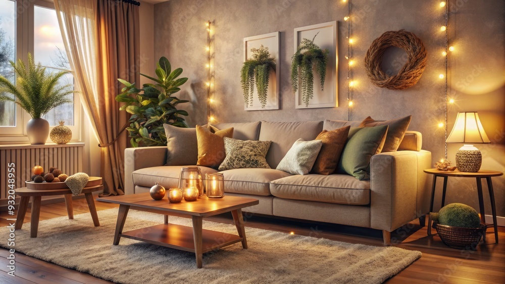 Fototapeta premium Cozy living room ambiance features a plush sofa, soft cushions, and warm lighting, inviting tranquility and comfort in a serene home atmosphere.
