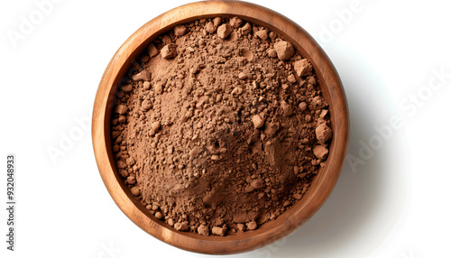 Cacao. Pile of cocoa powder in wooden bowl isolated on white background, top view