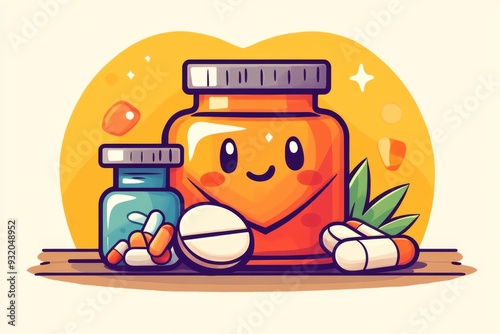 Cute and cheerful pill bottle character with a heart symbol surrounded by flowers and plants representing the nurturing and caring aspects of healthcare photo