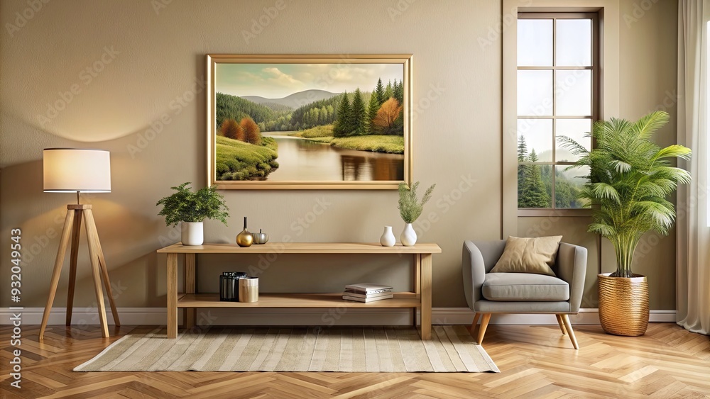 Cozy living room with beige walls, rustic wooden floor, and ornate gold picture frame displaying a serene landscape photograph on a minimalist decorative shelf. Cozy living room with beige walls, rustic wooden floor, and ornate gold picture frame displaying a serene landscape photograph on a minimalist decorative shelf.
