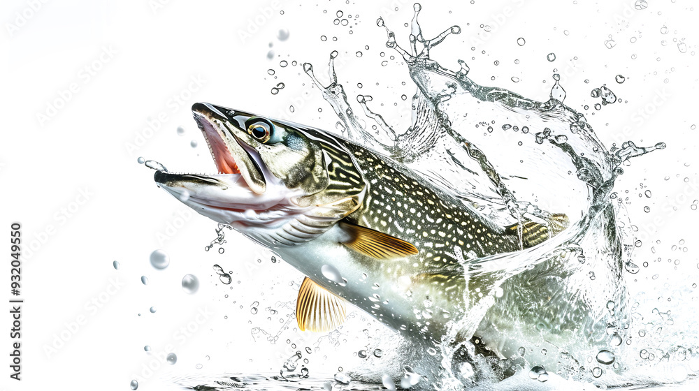 A pike fish energetically breaks through the water's surface, sending droplets flying as it opens its mouth wide in a moment of exhilaration A pike fish energetically breaks through the water's surface, sending droplets flying as it opens its mouth wide in a moment of exhilaration