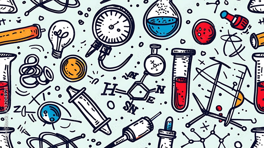 A seamless pattern filled with doodles of lab equipment, including Bunsen burners, beakers, and microscopes, along with atomic structures and chemical equations, playful and bright colors, A seamless pattern filled with doodles of lab equipment, including Bunsen burners, beakers, and microscopes, along with atomic structures and chemical equations, playful and bright colors,