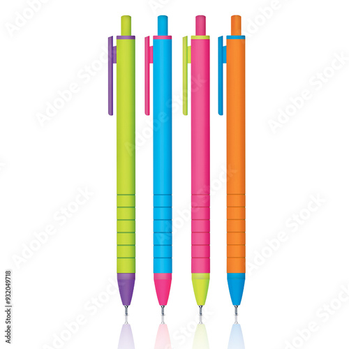Collection of plastic ball pens in mix bright colors on white background in vertical composition