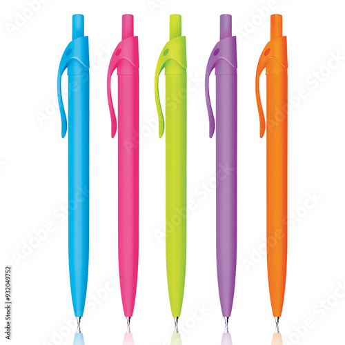 Collection of plastic ball pens in mix bright colors on white background in vertical composition