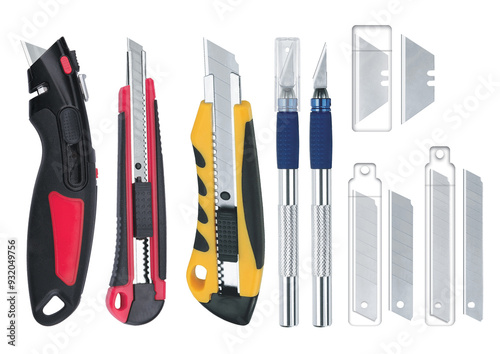 Collection of different scalpels and blades for cutting isolated on white background