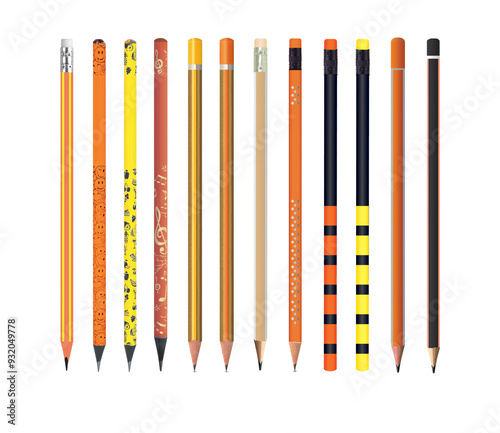 3D illustration of sharp wooden graphite pencils in different colors and shapes on white background
