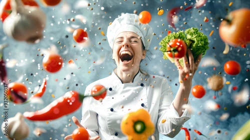 Laughter fills the air as a joyful chef tosses colorful vegetables, creating a lively culinary moment in the kitchen