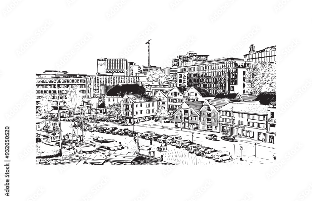 Obraz premium Print Building view with landmark of Stavanger is the city in Norway. Hand drawn sketch illustration in vector. 