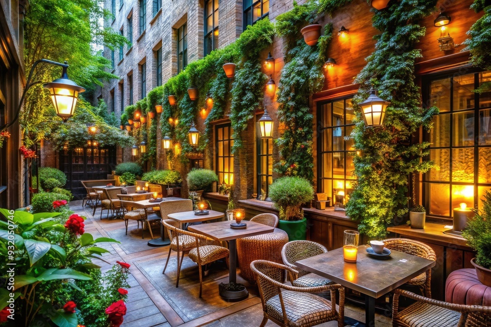 Cozy outdoor seating area with chic decorations and vibrant atmosphere awaits diners outside a trendy restaurant in Manhattan's vibrant NoMad neighborhood. Cozy outdoor seating area with chic decorations and vibrant atmosphere awaits diners outside a trendy restaurant in Manhattan's vibrant NoMad neighborhood.