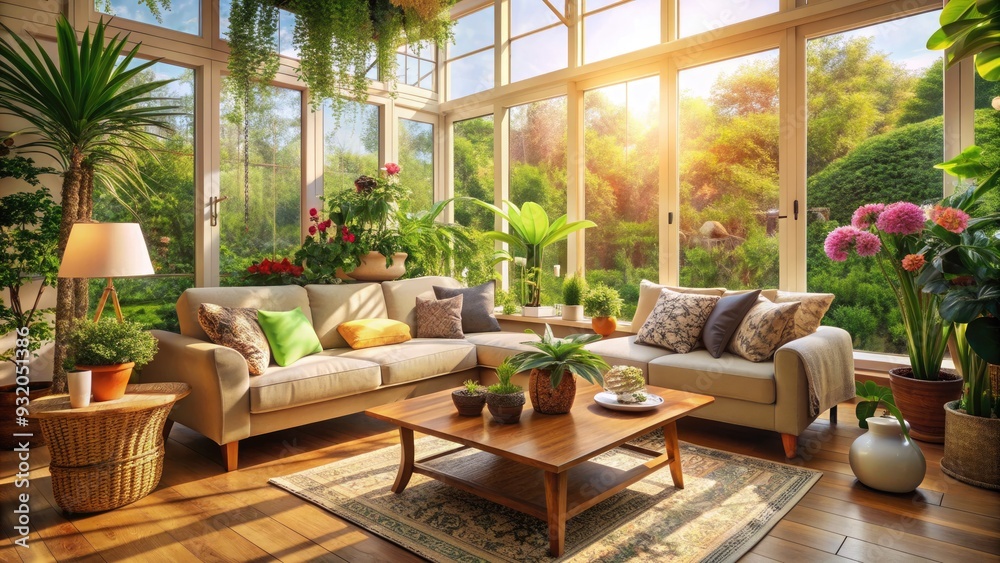 Cozy sunroom with lush green plants and blooming flowers surrounding a comfortable sofa and coffee table, bathed in warm natural light filtering through windows. Cozy sunroom with lush green plants and blooming flowers surrounding a comfortable sofa and coffee table, bathed in warm natural light filtering through windows.
